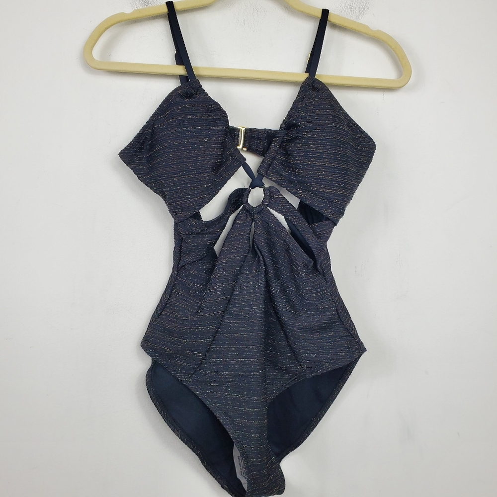 Time & Tru Black Gold Thread Cut Out One Piece Swim Suite Womens Size M